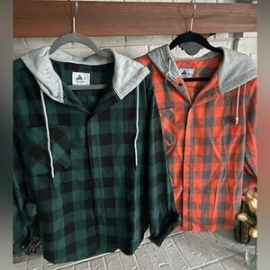 Plaid Hooded Flannel Shirt - Green and Orange-both shirts for $11